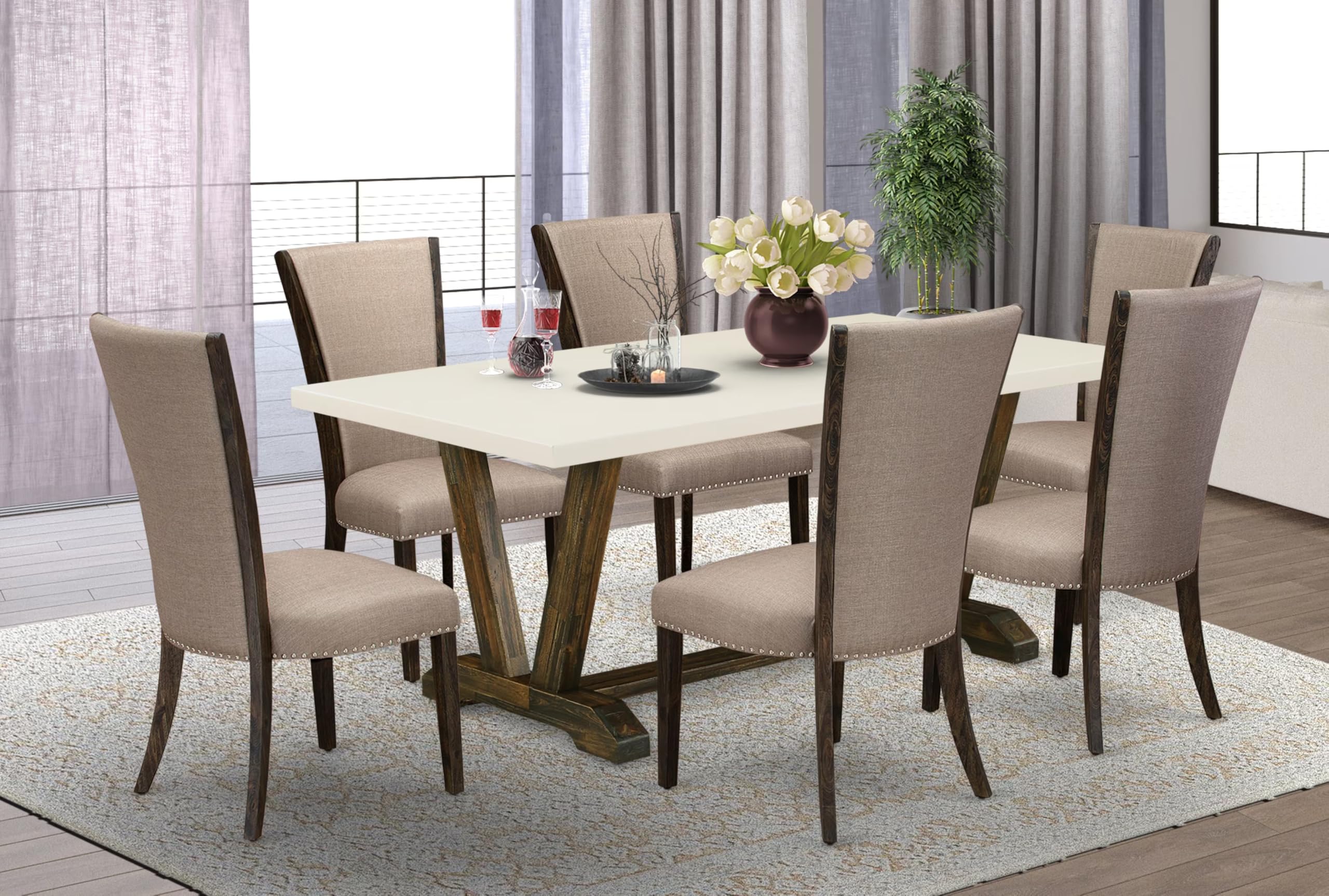 East West Furniture V727Ve703-7 7 Piece Dining Table Set Consist Of A Rectangle Dining Room Table With V-Legs And 6 Brown Linen Fabric Upholstered Chairs, 40X72 Inch, Multi-Color